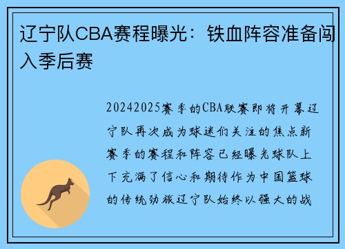 辽宁队CBA赛程曝光：铁血阵容准备闯入季后赛